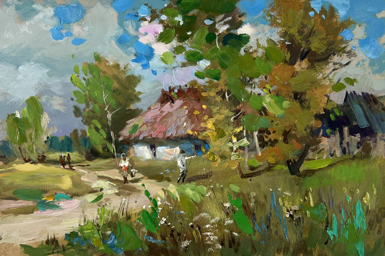 Oil painting of rustic thatched cottage in green trees by Yuriy Suprunchuk
