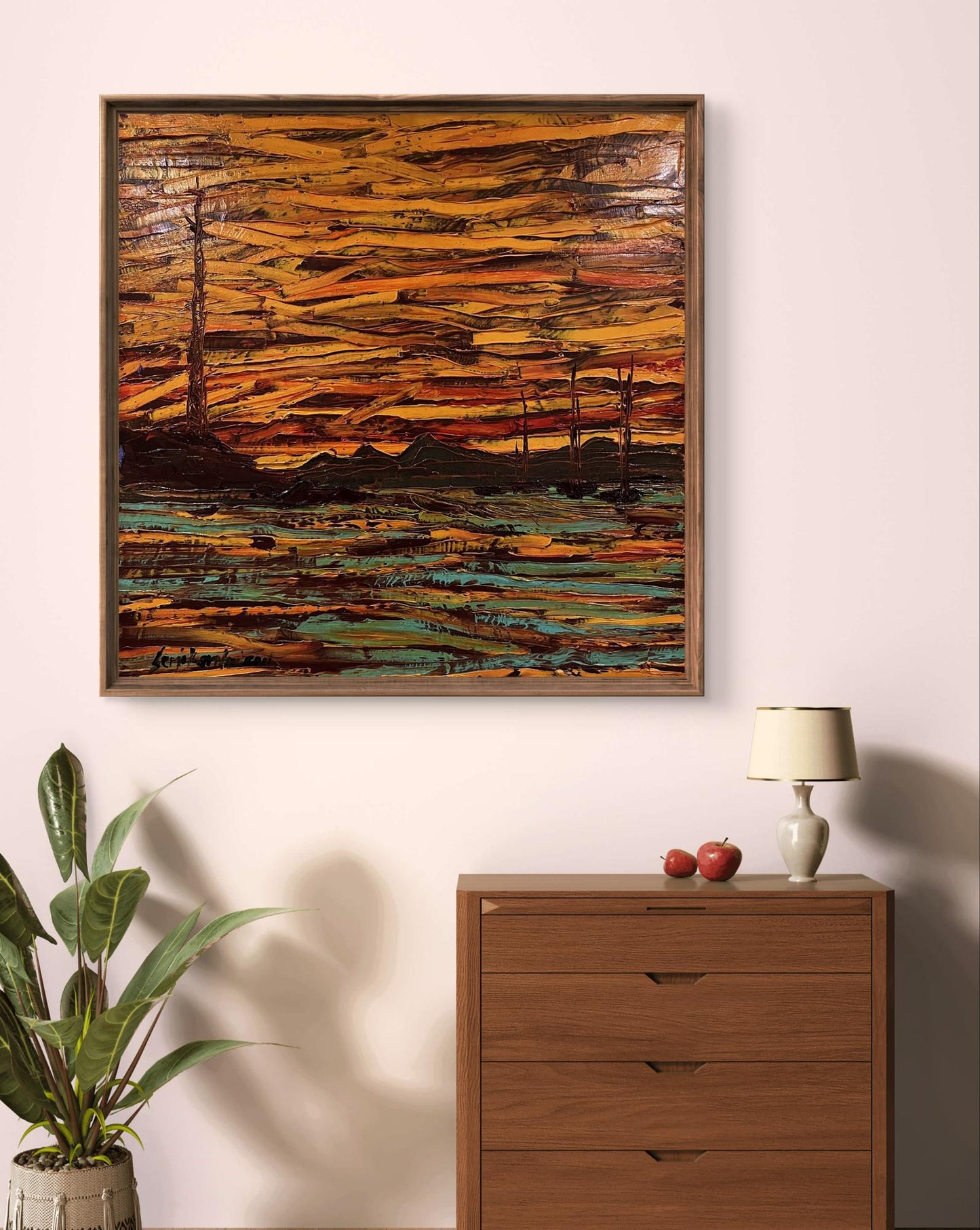 Oil painting Reflexo by Serhiy Kovalev: sunset landscape in orange, yellow, teal