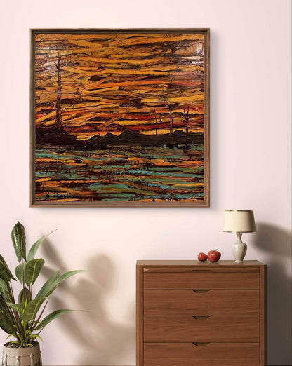 Oil painting Reflexo by Serhiy Kovalev: sunset landscape in orange, yellow, teal