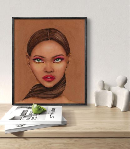 Framed watercolor portrait of Lady in Gold by Victoria Kagalovska