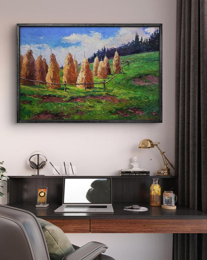 Oil painting Haystacks in the mountains by Boris Serdyuk, pastoral scene
