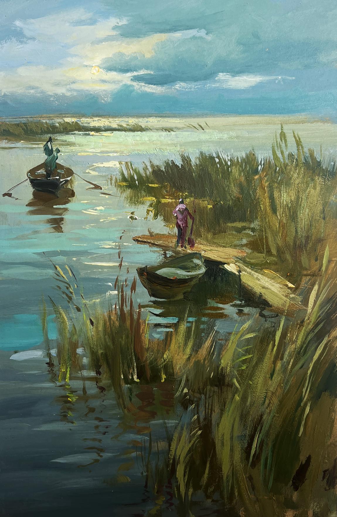 Serene oil painting Seeing off the Sunset by Yuriy Suprunchuk river scene
