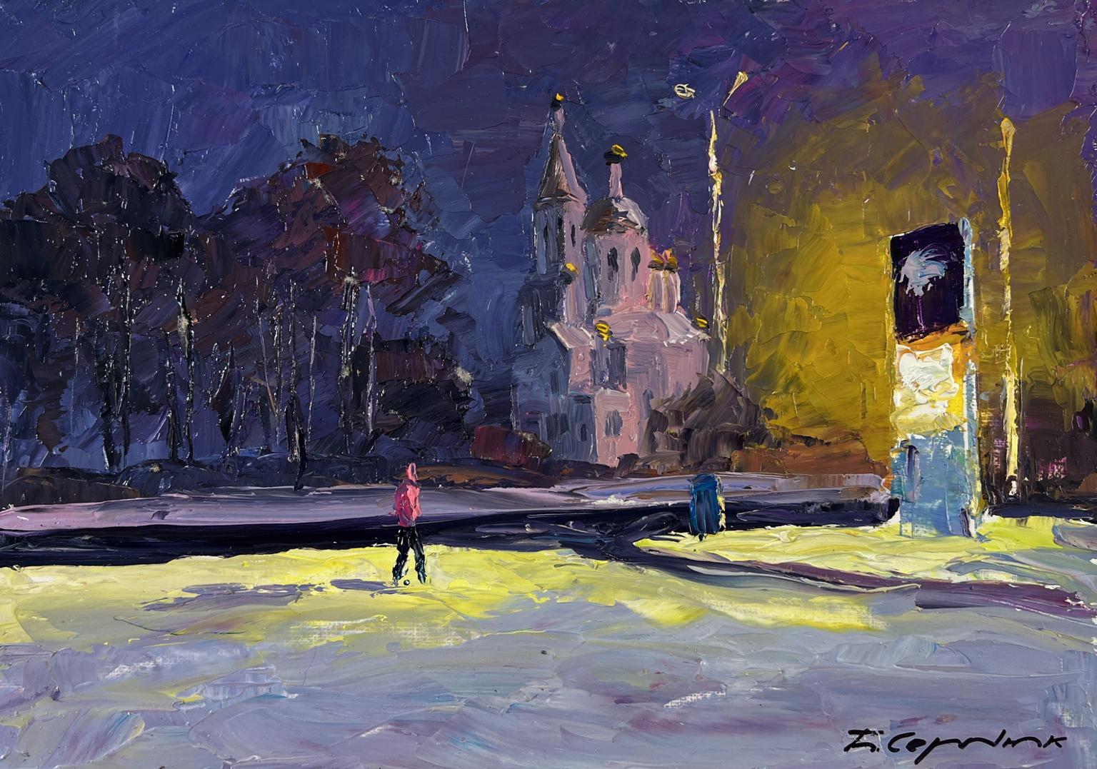 Oil painting The city never sleeps by Boris Serdyuk: snowy church at night