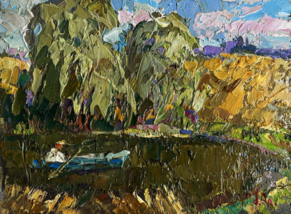 Impasto oil painting On the summer lake by Oleksiy Ivanyuk with lush green foliage