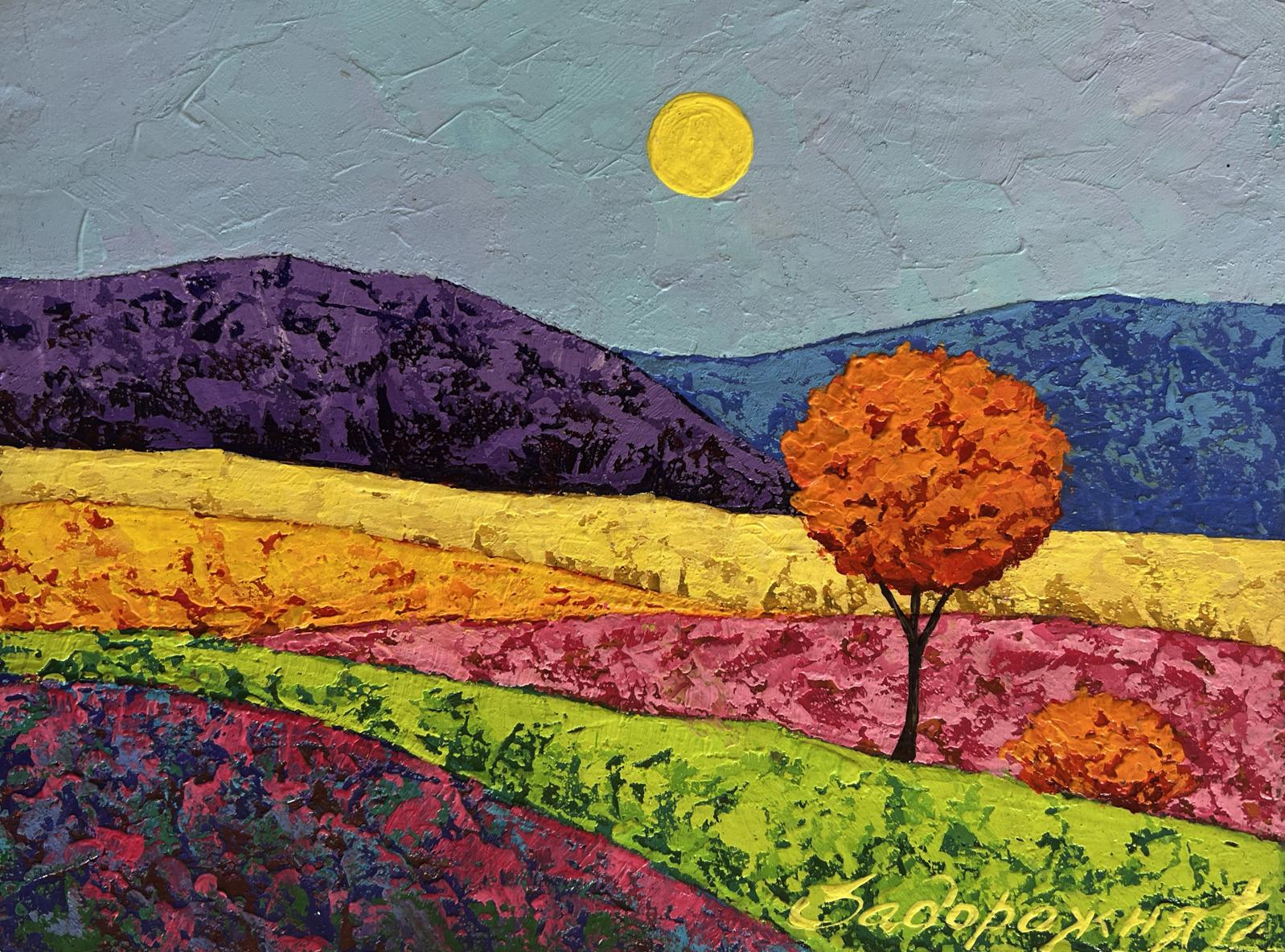 Oil painting of lonely orange tree in colorful fields by V. Zadorozhnya