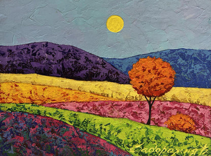 Oil painting of lonely orange tree in colorful fields by V. Zadorozhnya