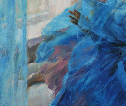 Oil painting of girl in flowing blue dress by Oksana Osnach