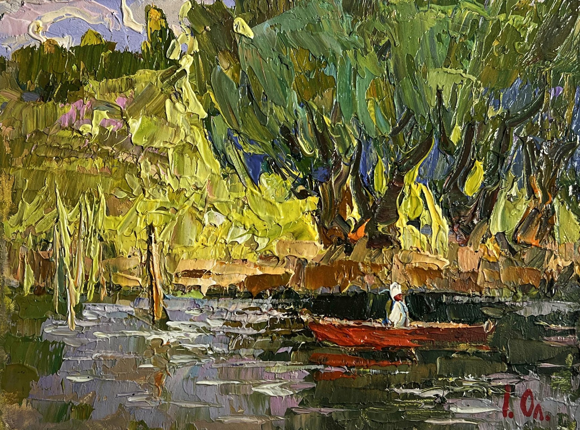 Vibrant impressionist oil painting of red rowboat by Oleksiy Ivanyuk