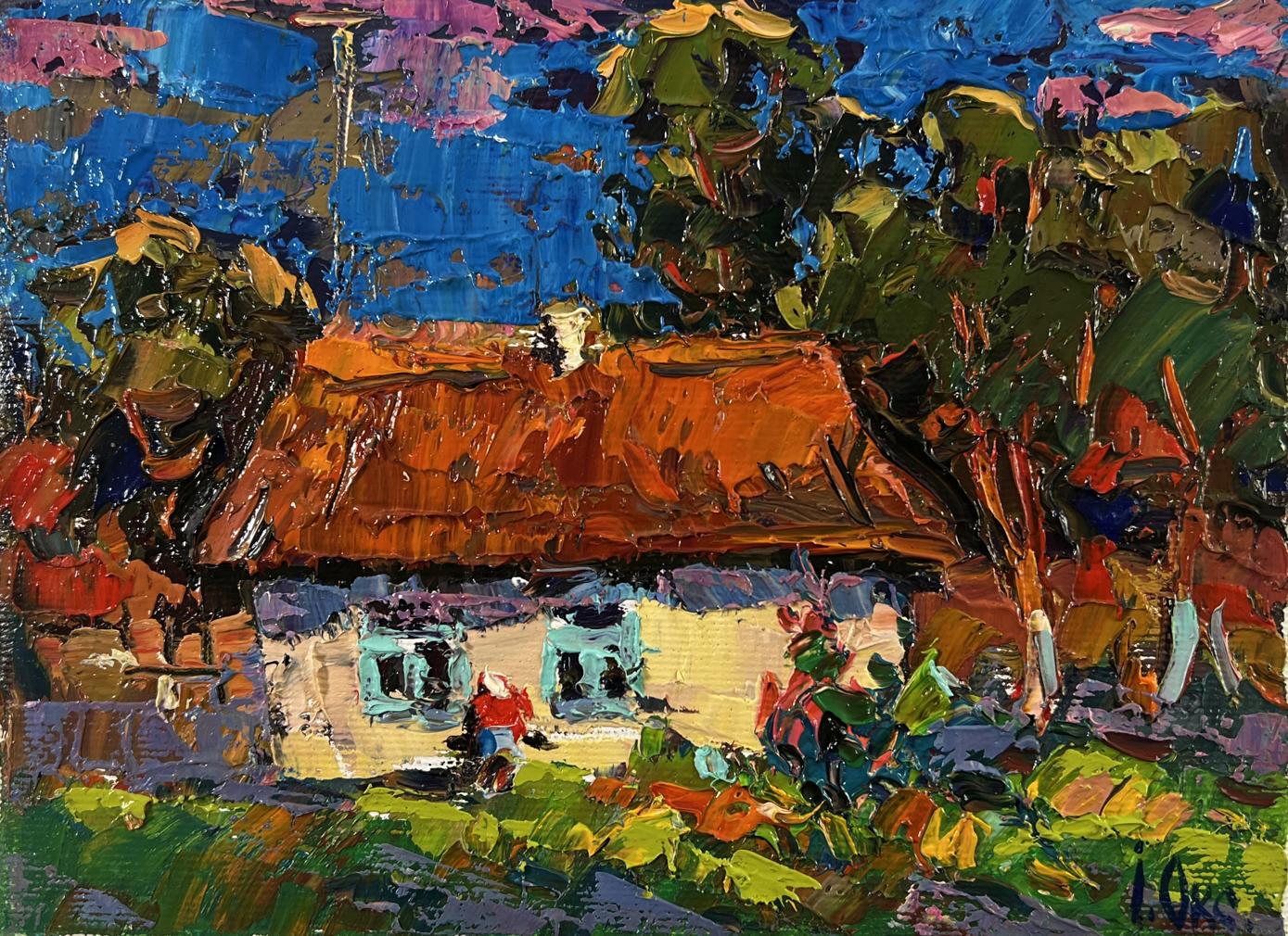 Oil painting of Evening village courtyard by Oksana Ivanyuk: rustic cottage