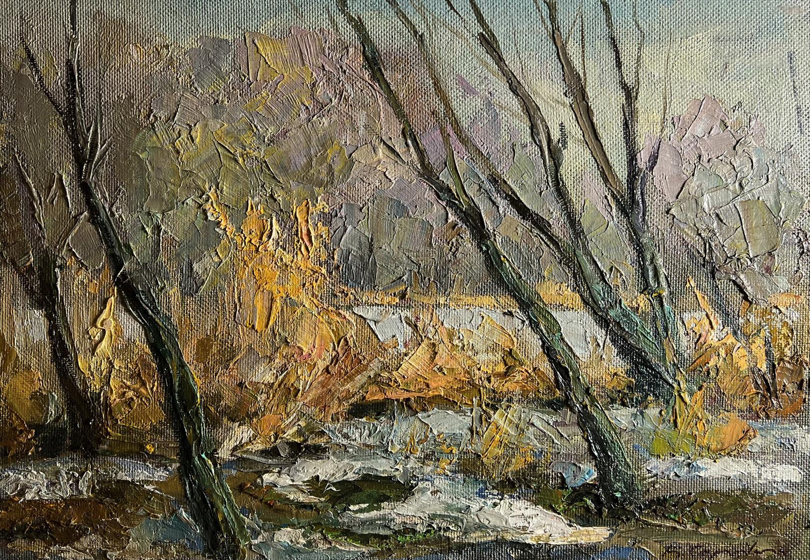 Impasto oil painting The first snow fell by Boris Serdyuk with autumn trees