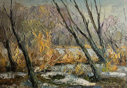Impasto oil painting The first snow fell by Boris Serdyuk with autumn trees