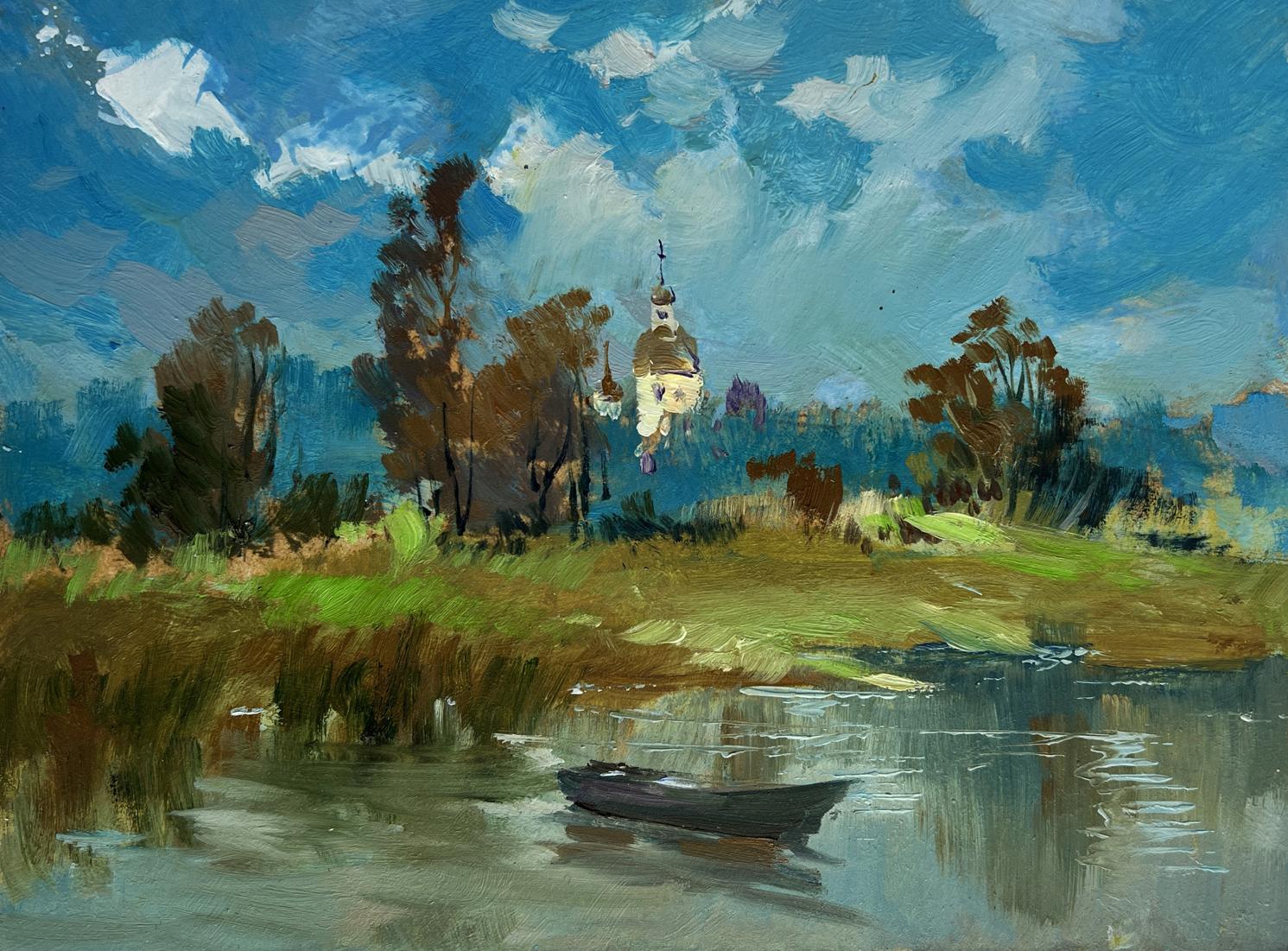 Serene oil painting of lonely rowboat among reeds by Yuriy Suprunchuk