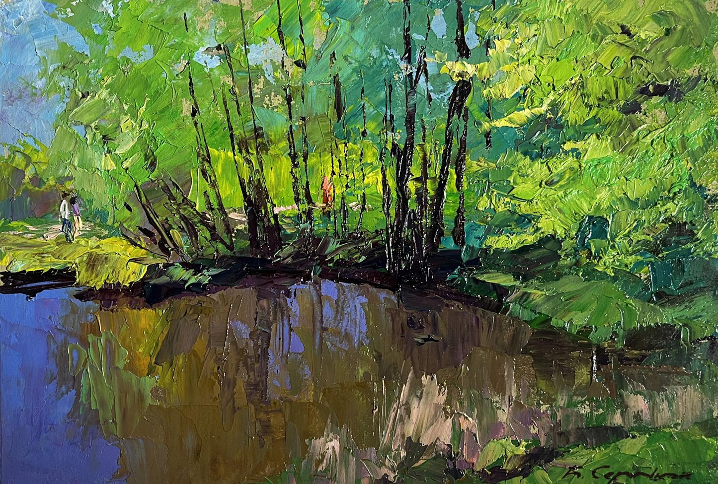 Oil painting Warm days of spring by Boris Serdyuk: vibrant green trees by blue waterway