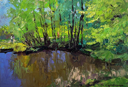 Oil painting Warm days of spring by Boris Serdyuk: vibrant green trees by blue waterway