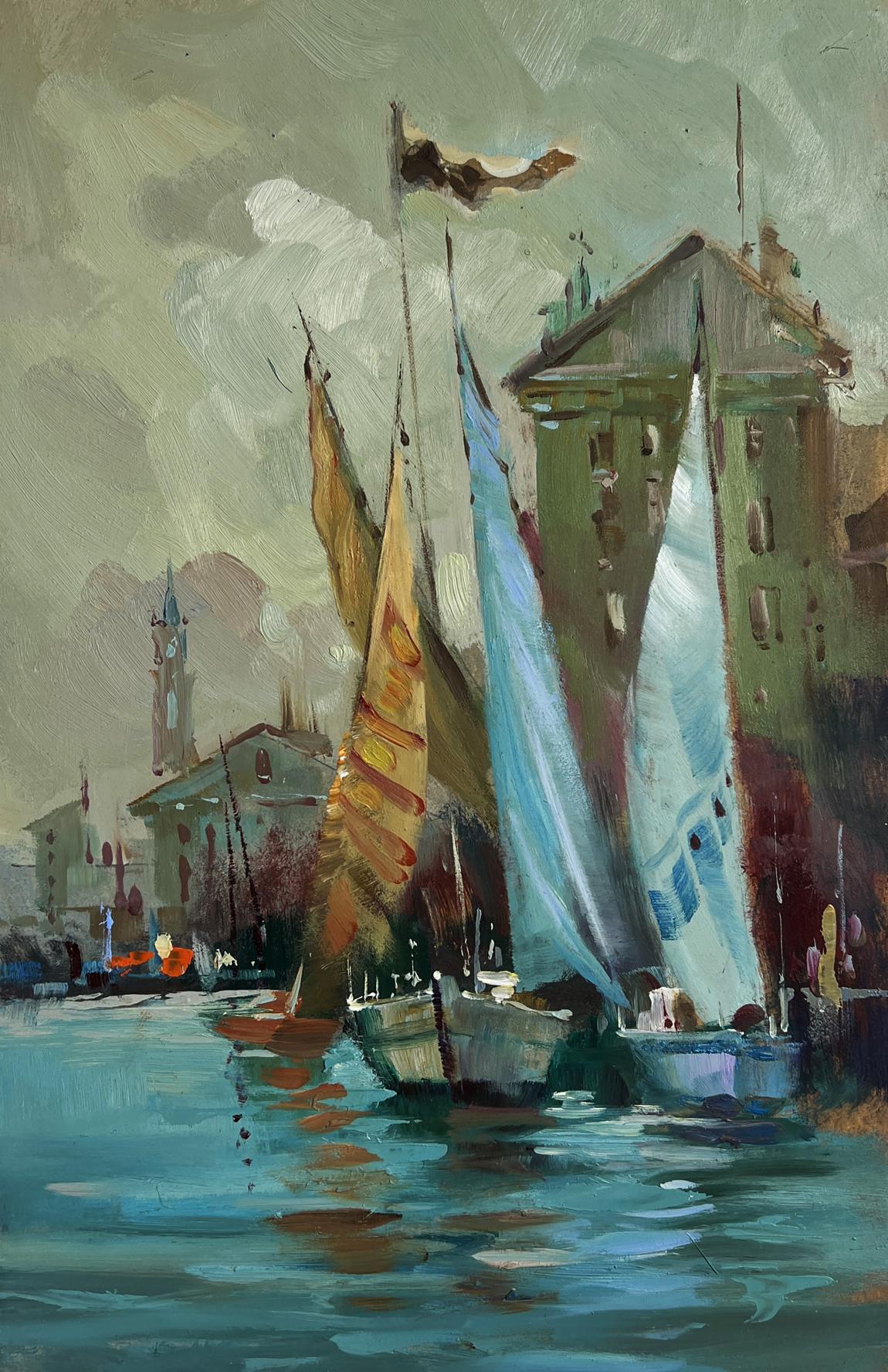 Oil painting of quiet Venice harbor with colorful sailboats by Yuriy Suprunchuk