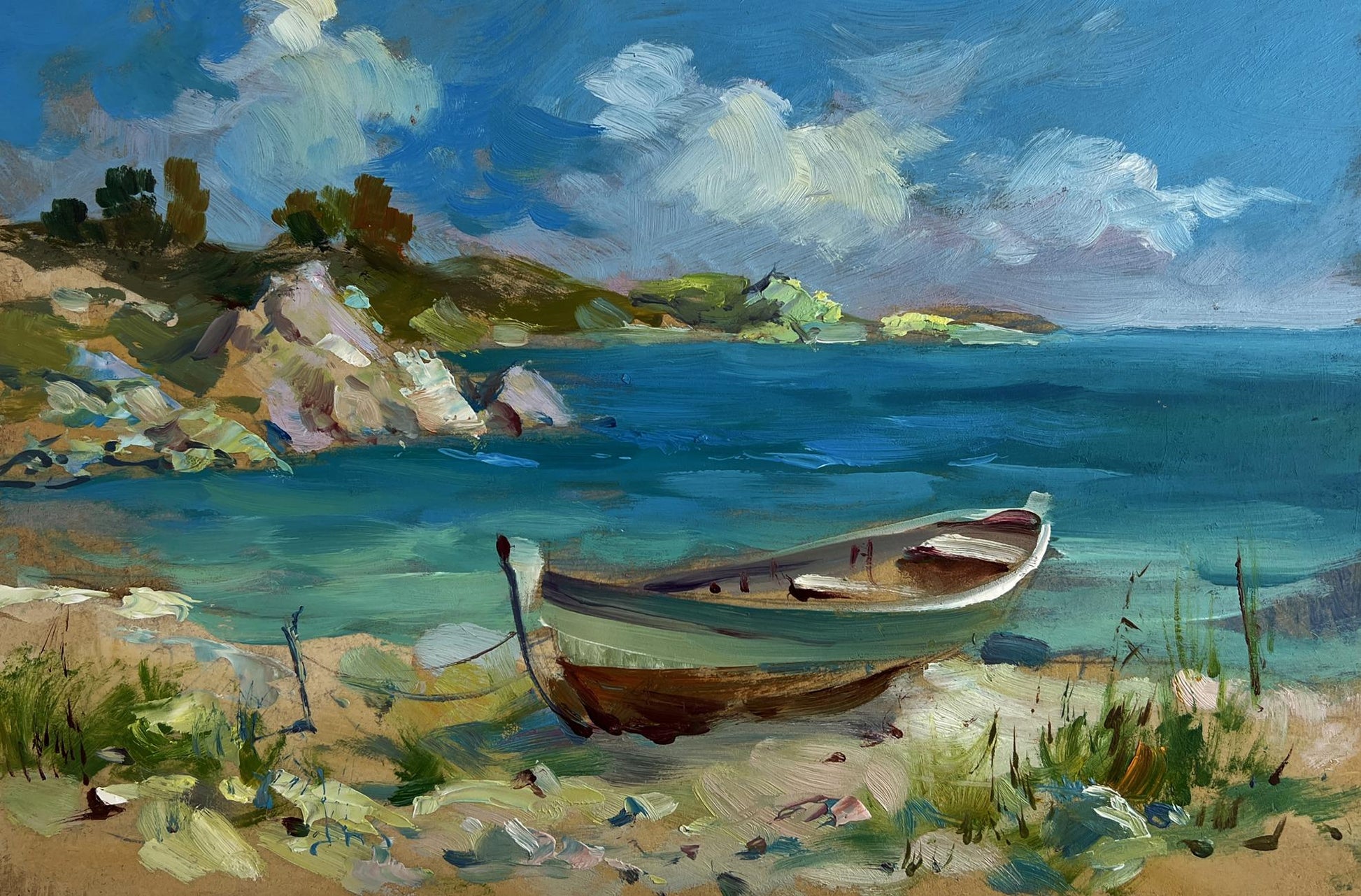 Oil painting of weathered rowboat on sandy seashore by Yuriy Suprunchuk