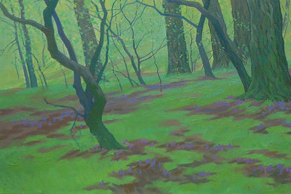 Oil painting Spring thickets by Valery Savenets: lush green forest with purple wildflowers
