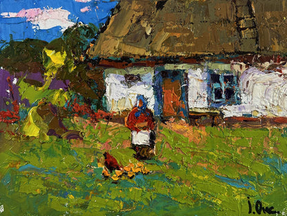 Vibrant impressionistic oil painting of Oksana Ivanyuk thatched cottage in warm rustic tones