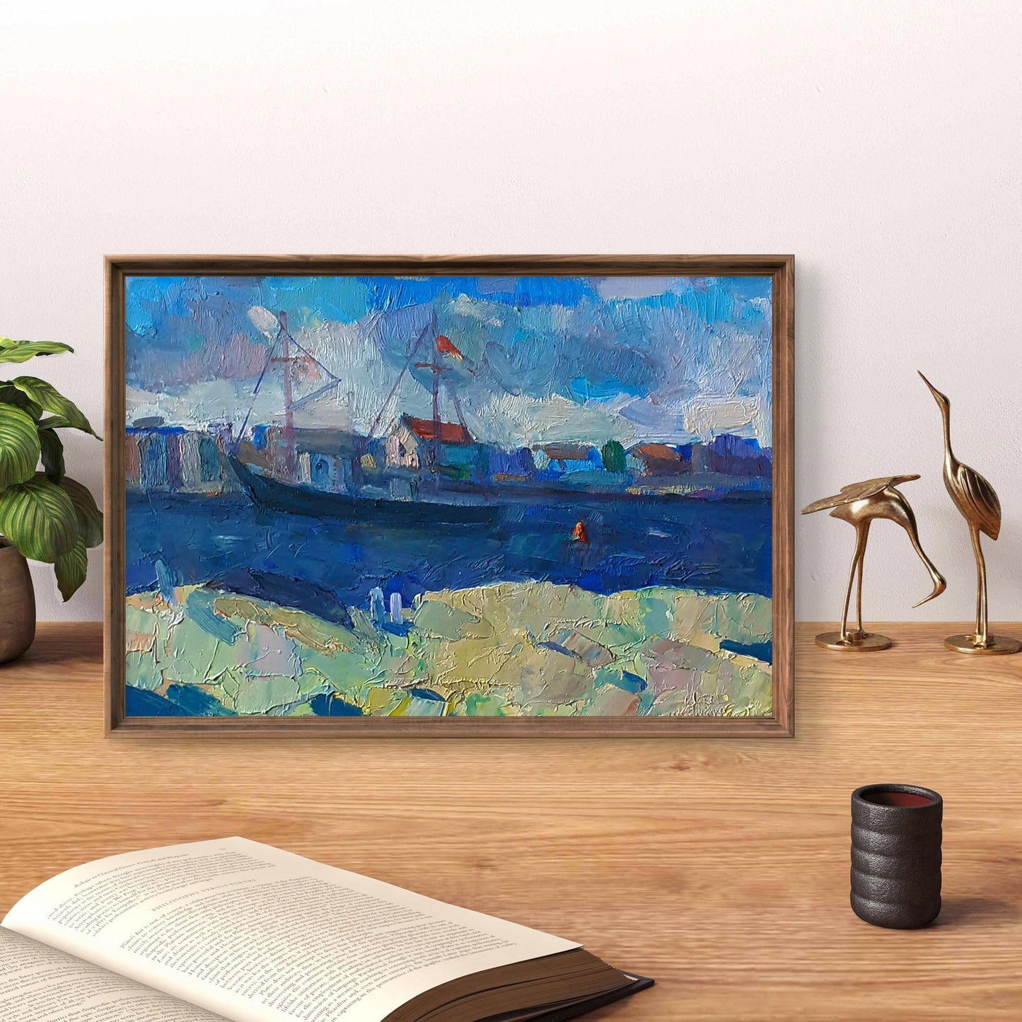 Framed impressionist Oil painting Thin summer sea strait Pavel Dobrev harbor scene