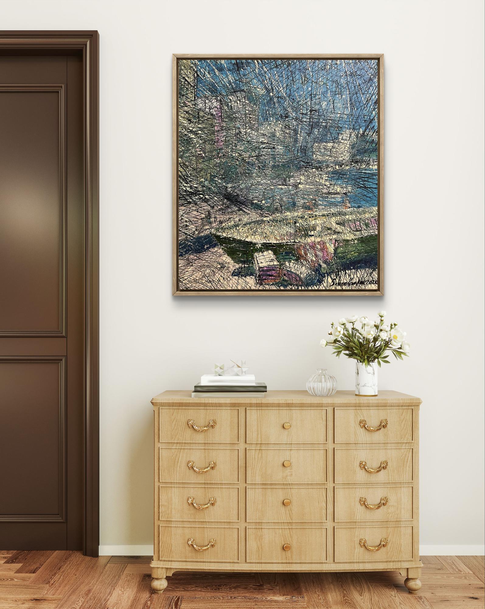 Oil painting Porto by Serhiy Kovalev: textured blue green brown abstract above dresser