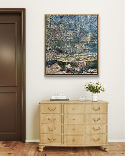 Oil painting Porto by Serhiy Kovalev: textured blue green brown abstract above dresser