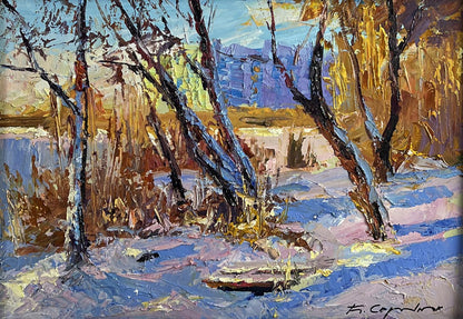 Vibrant Boris Serdyuk oil painting of winter forest snowy landscape