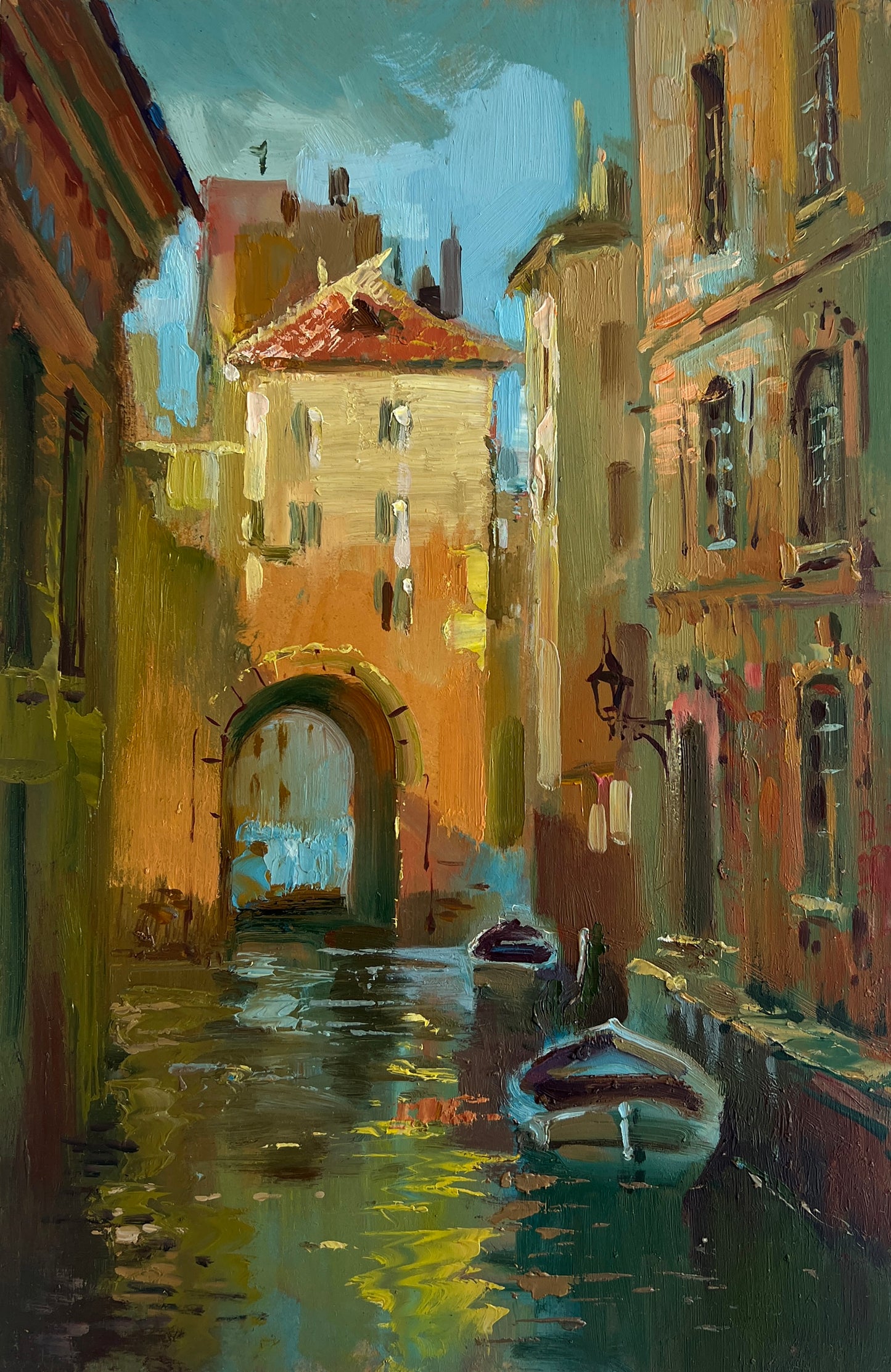 Serene impressionist canal with boats under archway by Yuriy Suprunchuk