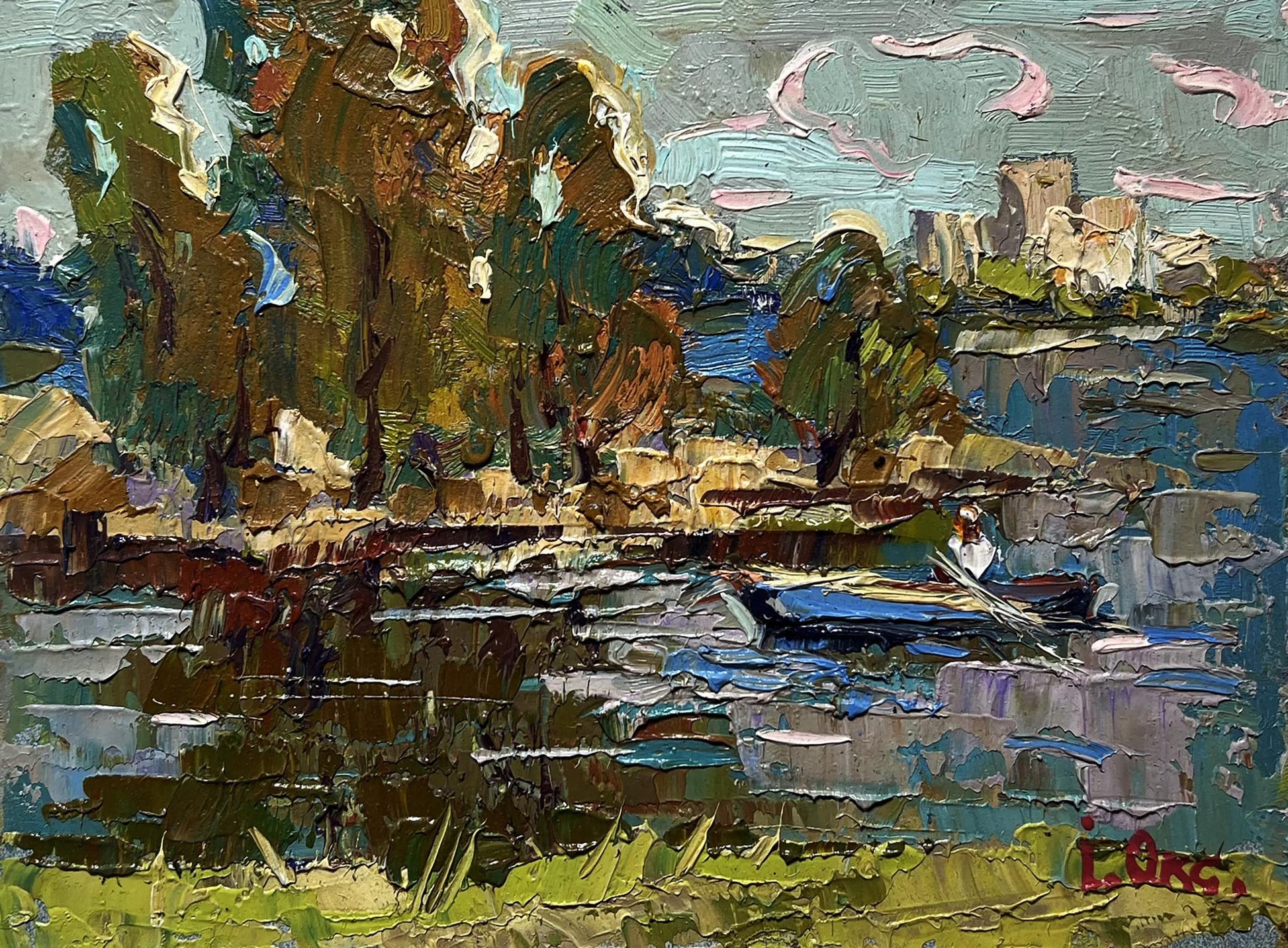 Impasto oil painting Outside the City by Boat by Oksana Ivanyuk