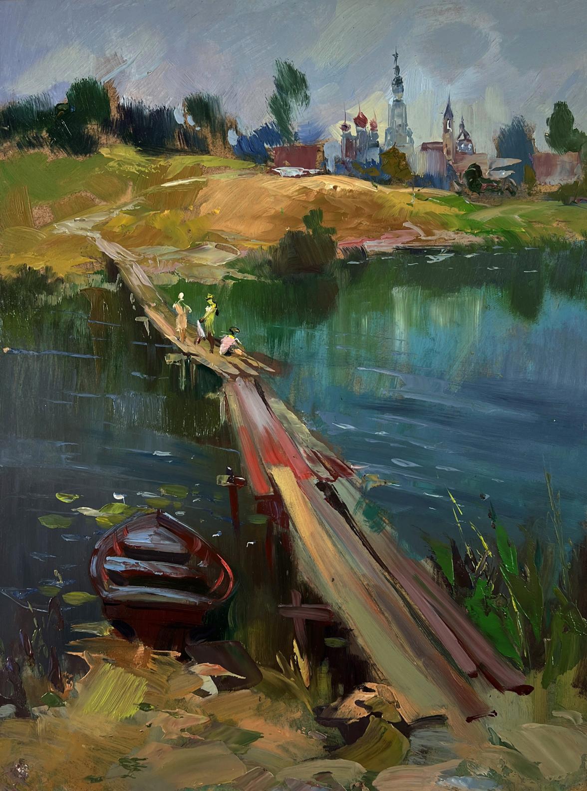 Oil painting by Yuriy Suprunchuk: children walking by river with wooden bridge