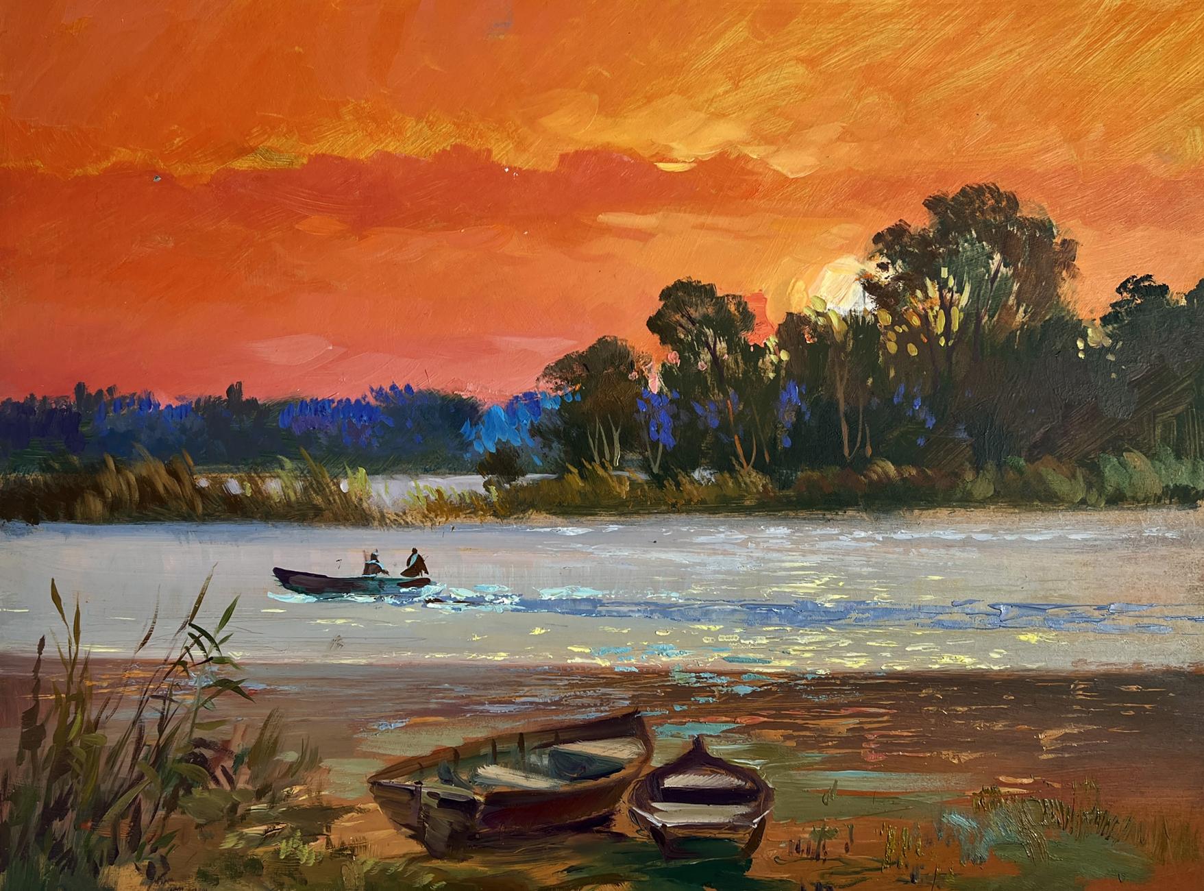 Oil painting Mesmerizing Crimson Sunset by Yuriy Suprunchuk with rowboats