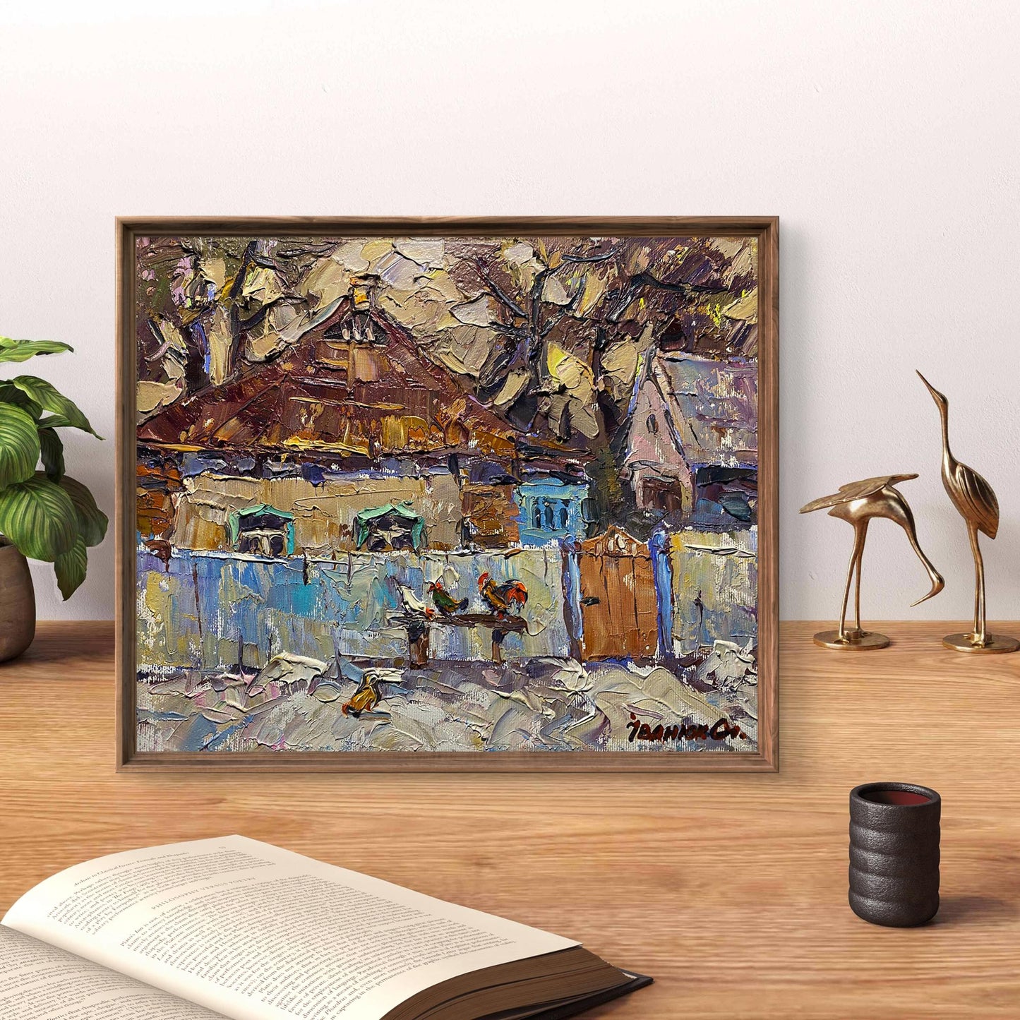Framed impressionist oil painting of winter village near house by Oleksiy Ivanyuk