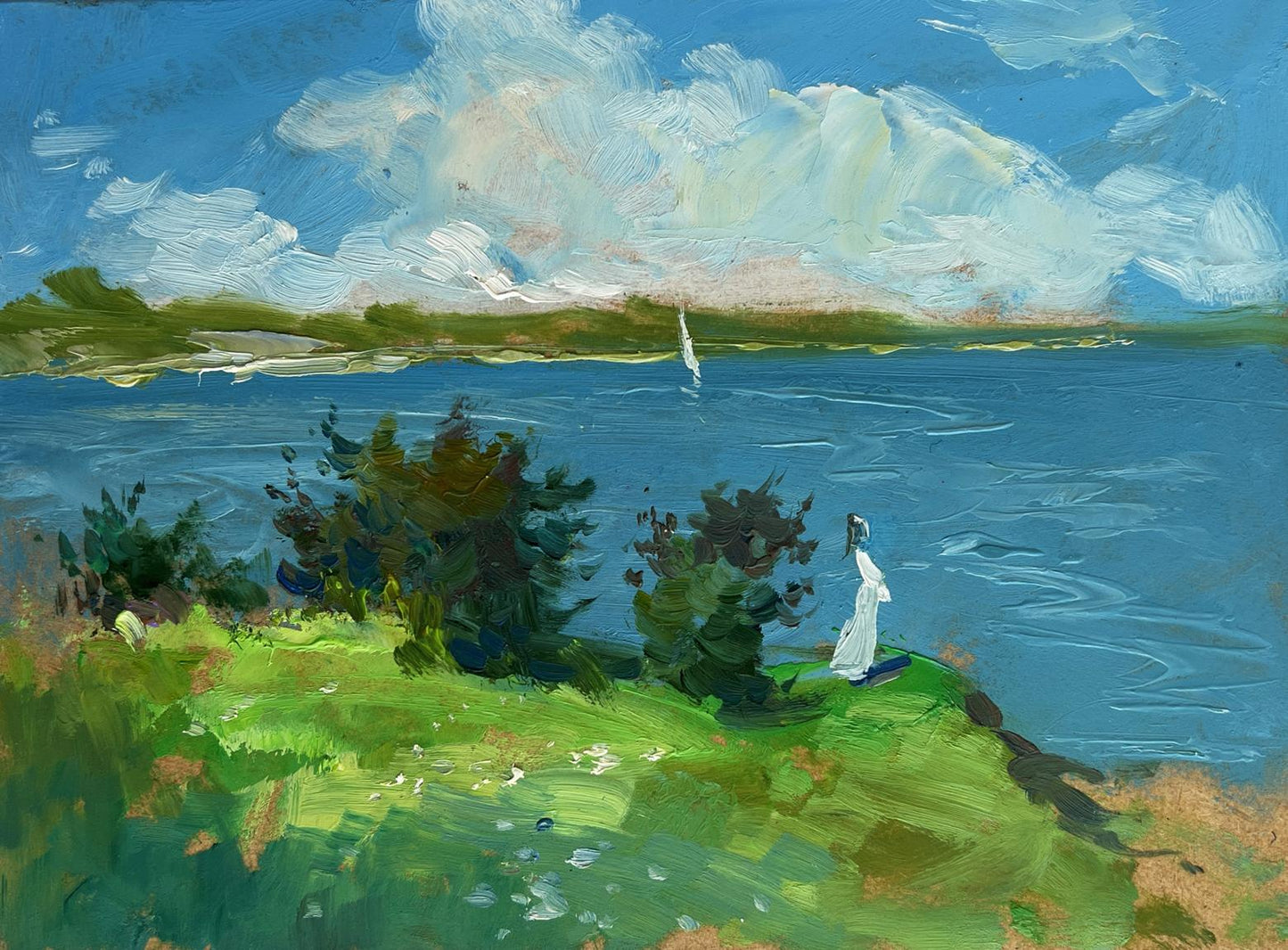 Oil painting Fresh summer wind by Yuriy Suprunchuk: white figure on green hill over blue water