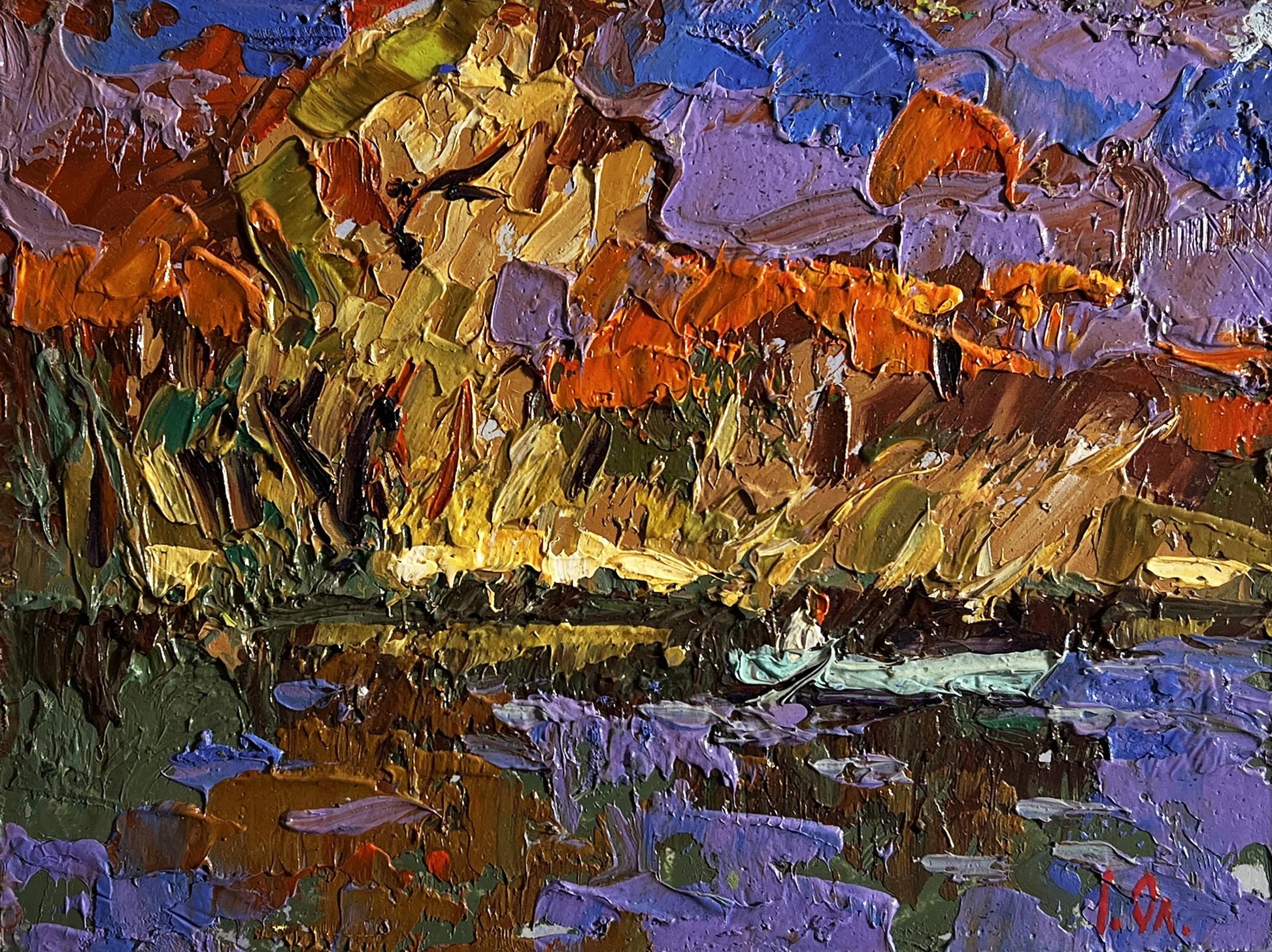 Oil painting Fishing in autumns by Oleksiy Ivanyuk vibrant landscape