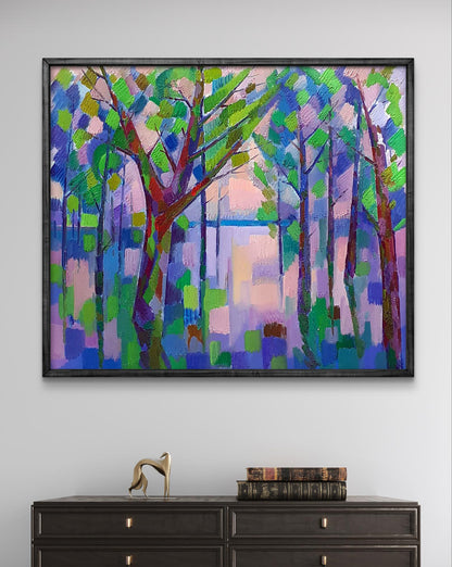 Oil painting Flood by Peter Dobrev: vibrant abstract forest in black frame