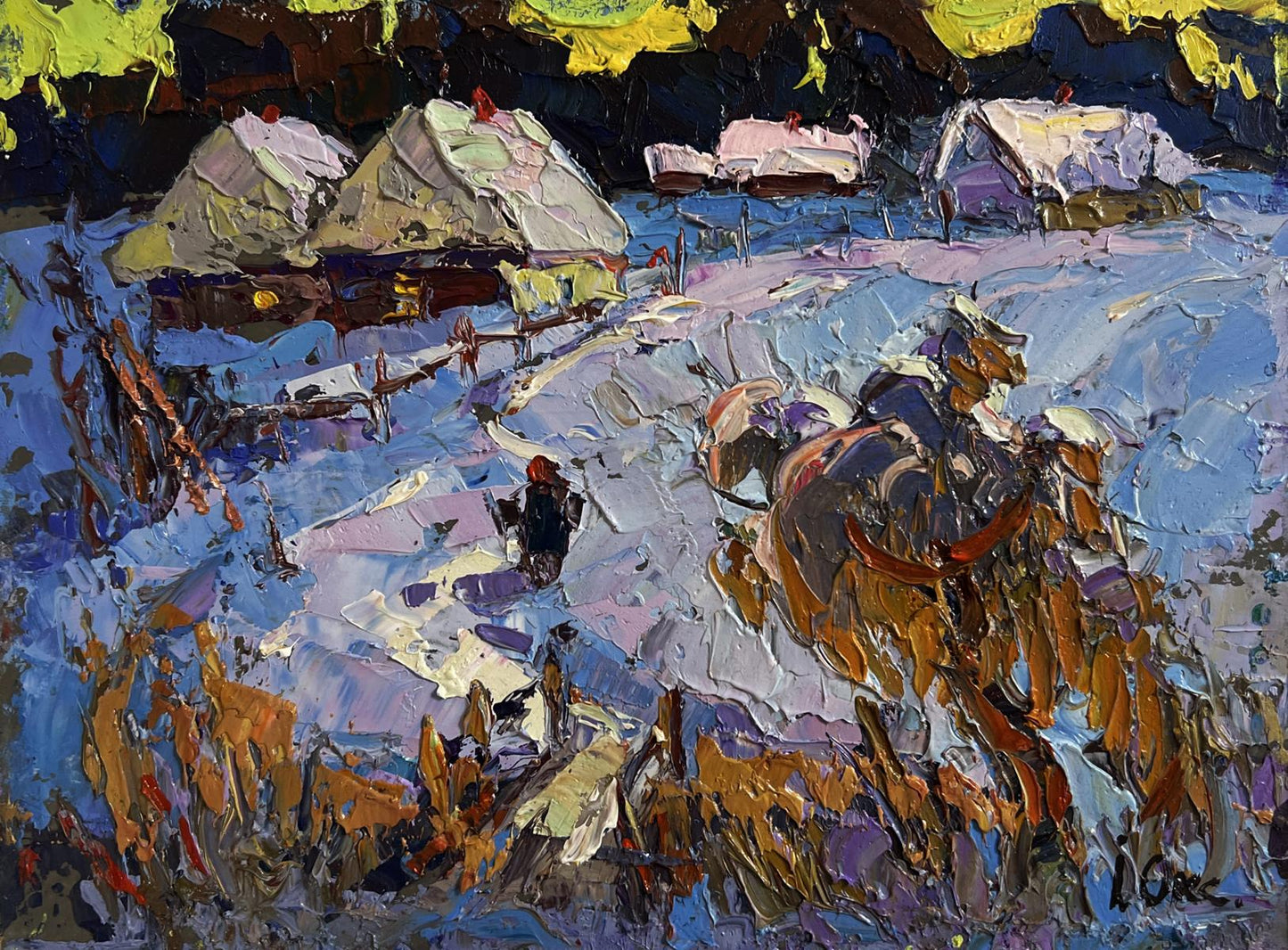 Vibrant impressionist oil painting Snowy road in village by Oksana Ivanyuk