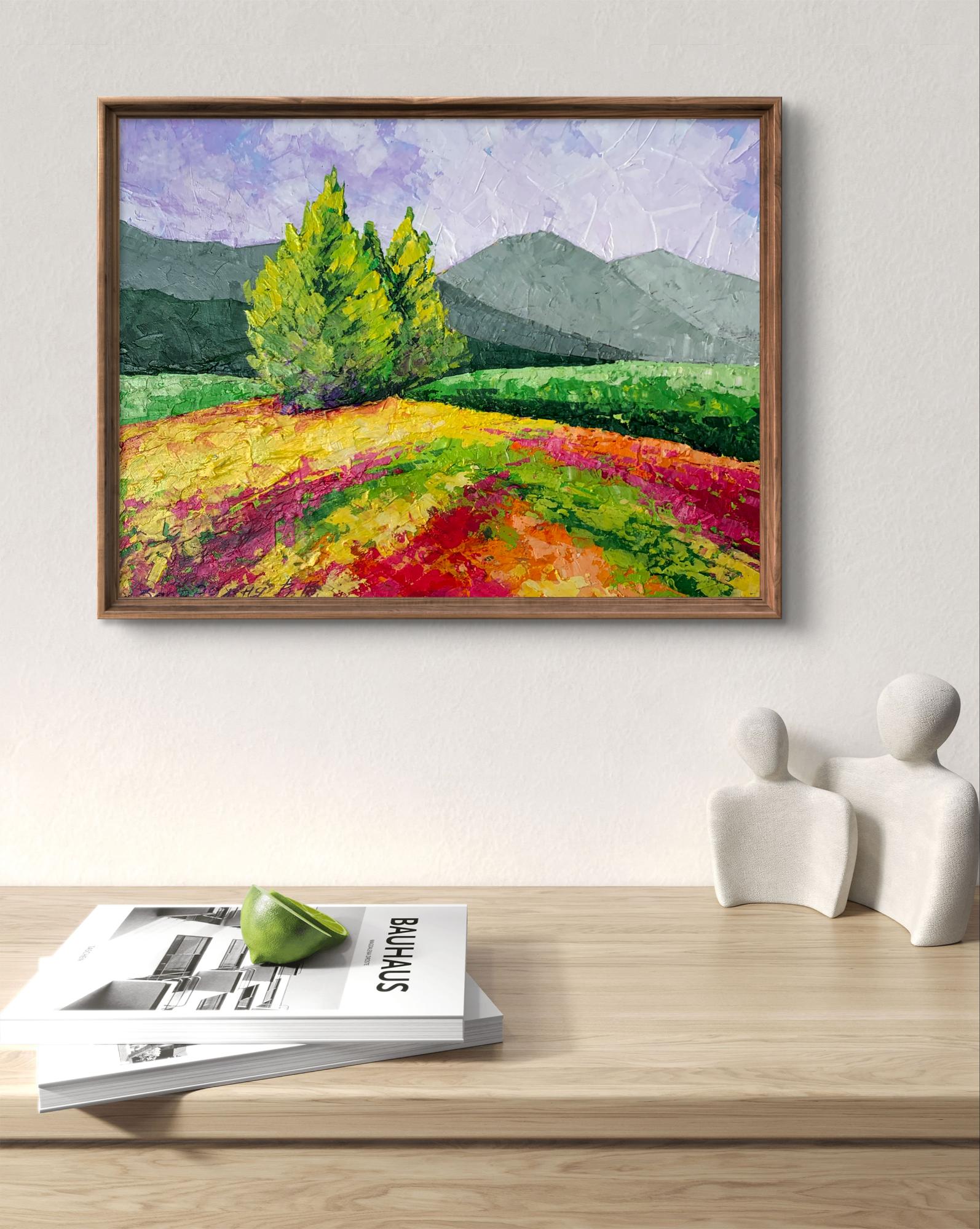 Oil painting Road to the Mountains by V. Zadorozhnya in wooden frame