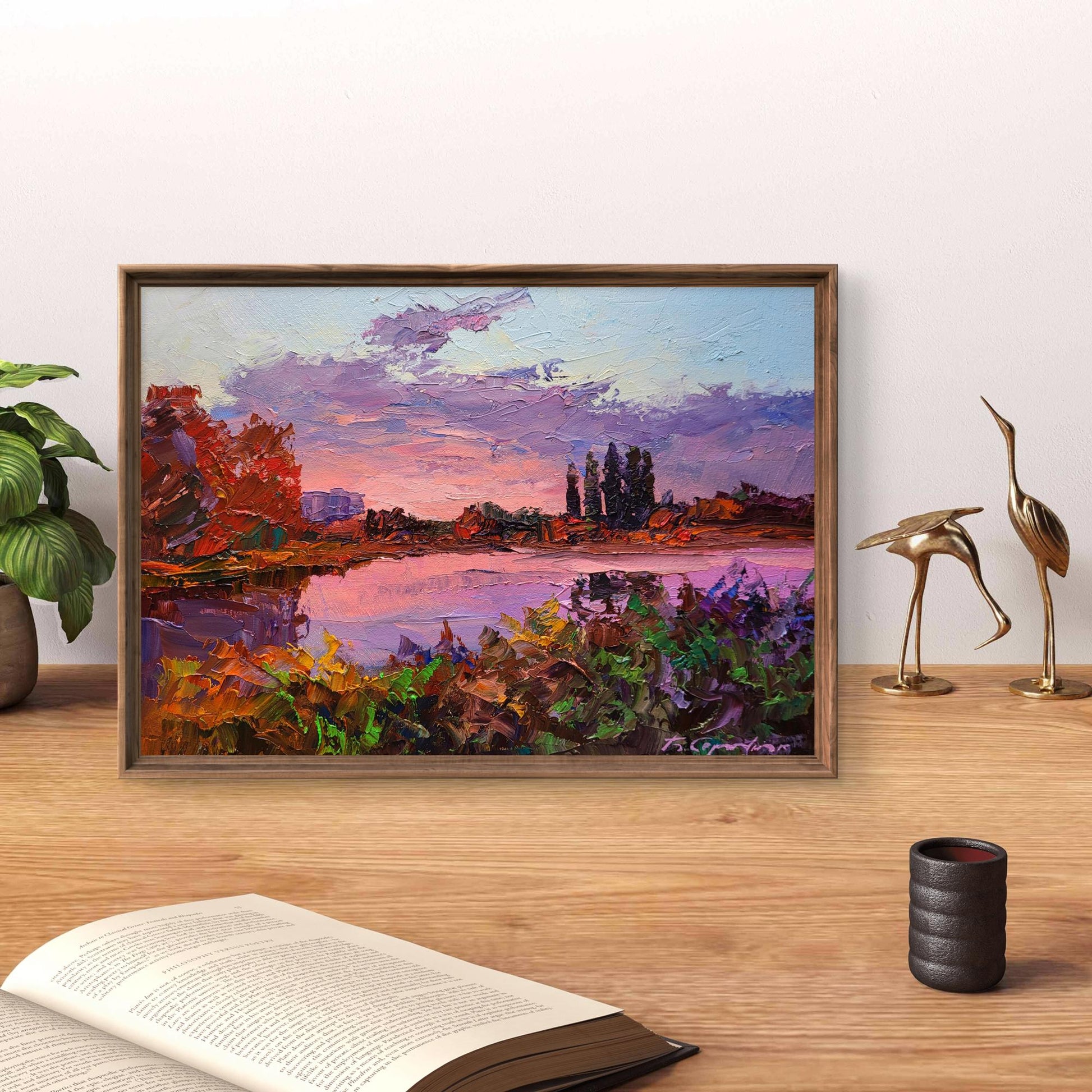 Framed impressionist oil painting of sunset over river by Boris Serdyuk