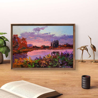 Framed impressionist oil painting of sunset over river by Boris Serdyuk