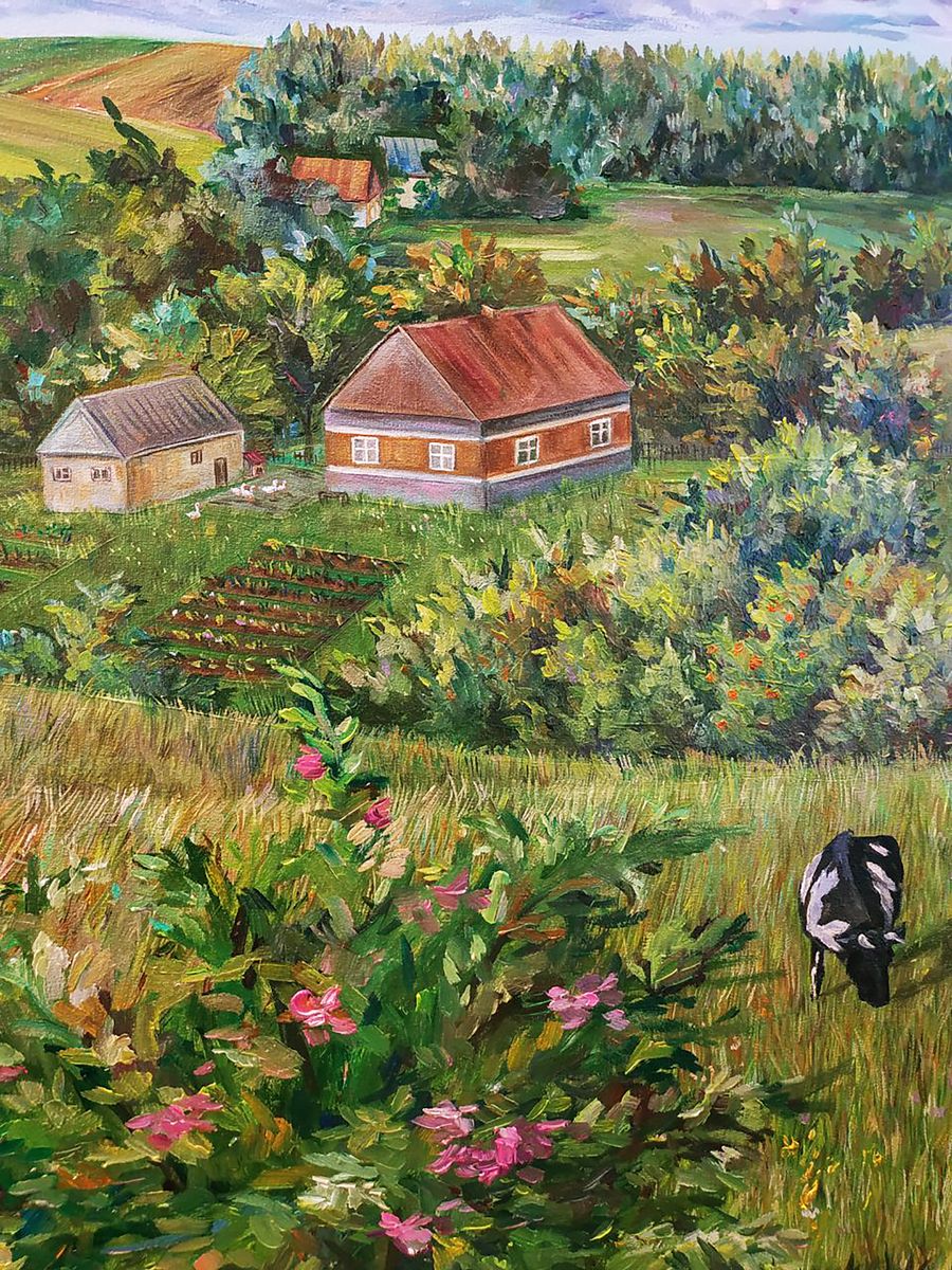 Oil painting Life in the village in summer by Oksana Sklym: rustic house in green fields