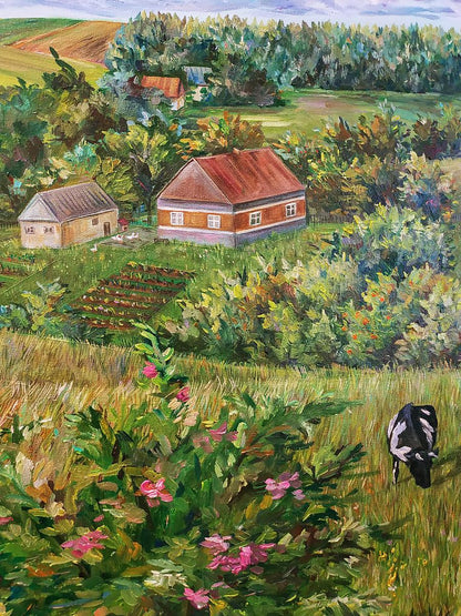 Oil painting Life in the village in summer by Oksana Sklym: rustic house in green fields