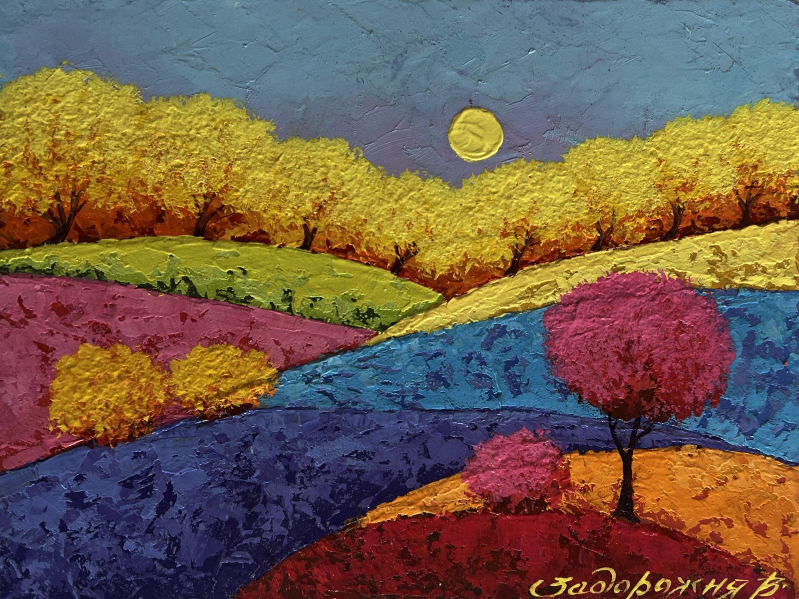 Vibrant oil painting of autumn forest in fading day light by V. Zadorozhnya