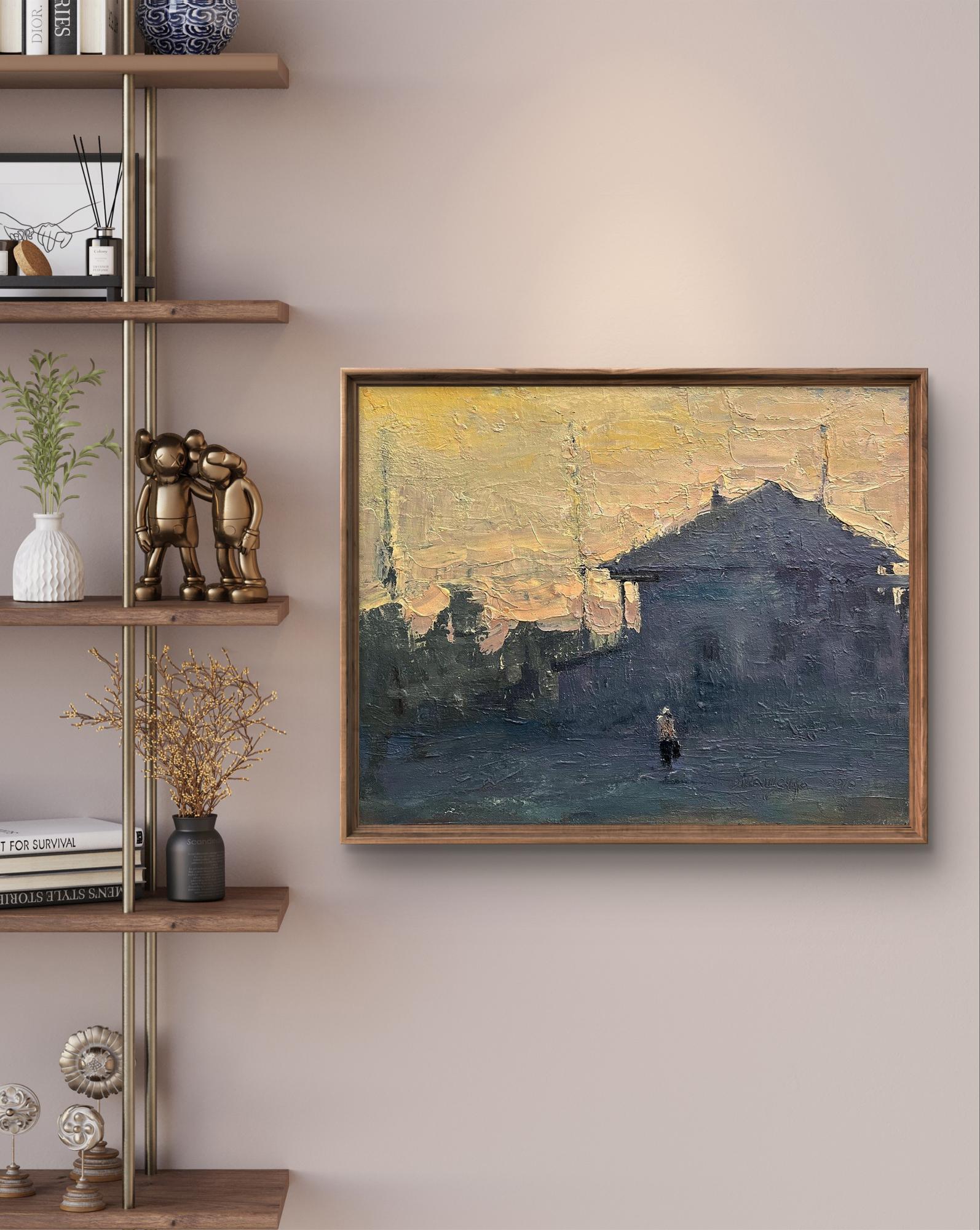Framed oil painting of church construction in village by Volodymyr Pashchenko
