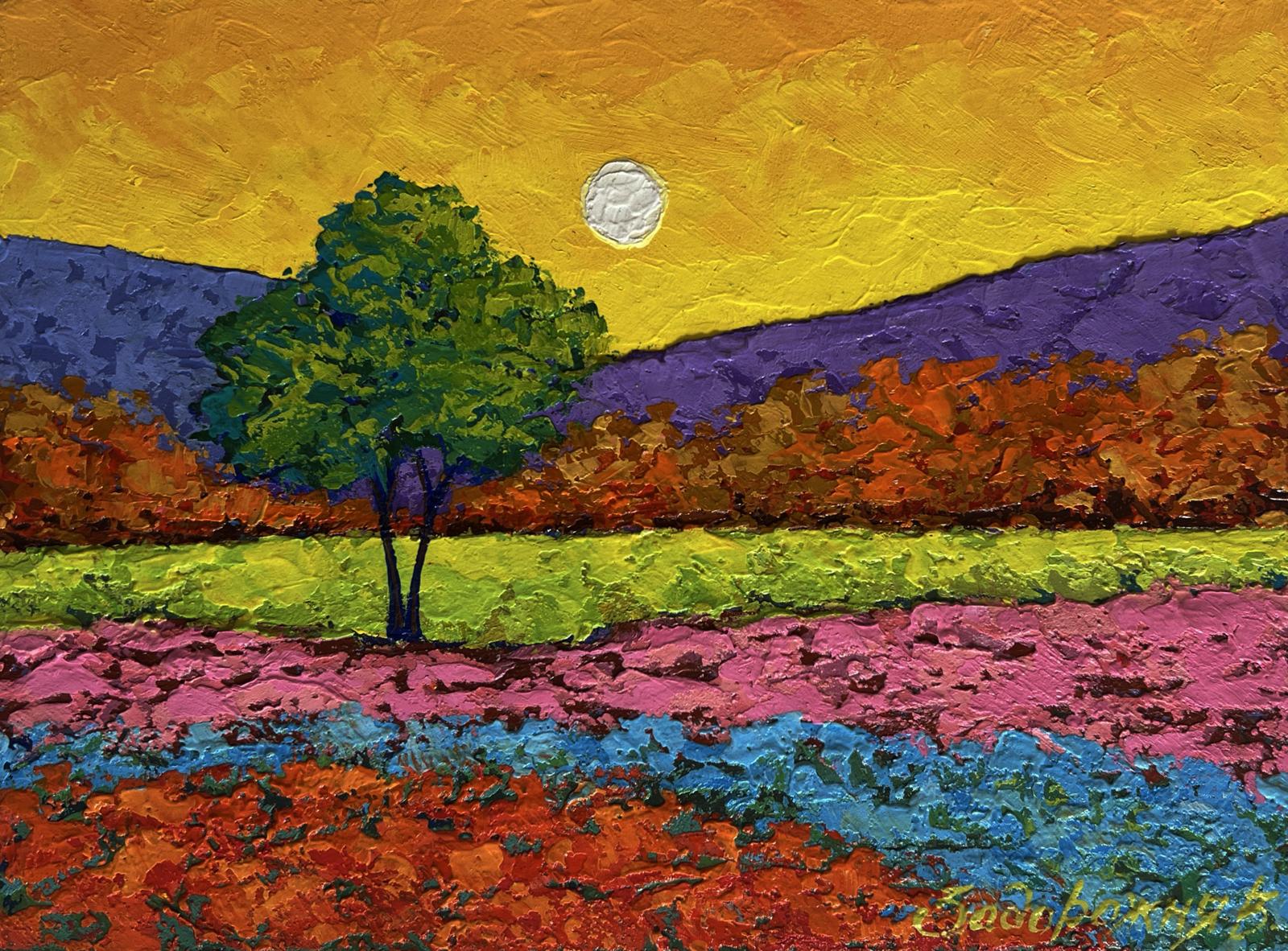 Oil painting In the shadows of the tree by V. Zadorozhnya, vibrant green tree in flower field