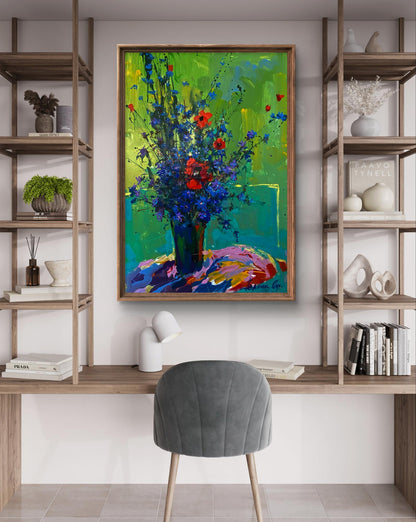 Vibrant Floral Morning oil painting by Oksana Ivanyuk in gold frame