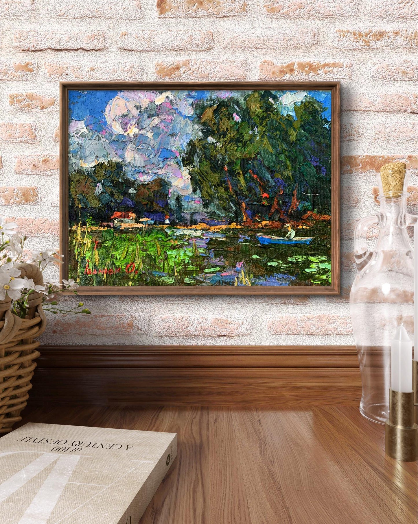 Framed impressionist oil painting of serene pond by Ivanyuk Oleksiy