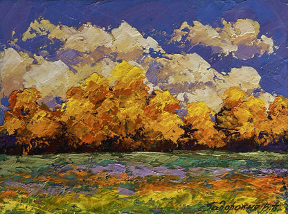 Vibrant impressionistic oil painting by V. Zadorozhnya: golden autumn trees, blue sky