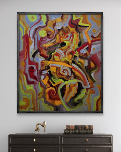 Vibrant abstract oil painting by Sergiy Voichenko in dark frame