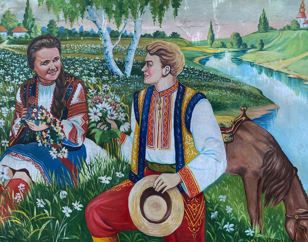 Oil painting of couple in embroidered folk dress picking flowers by river