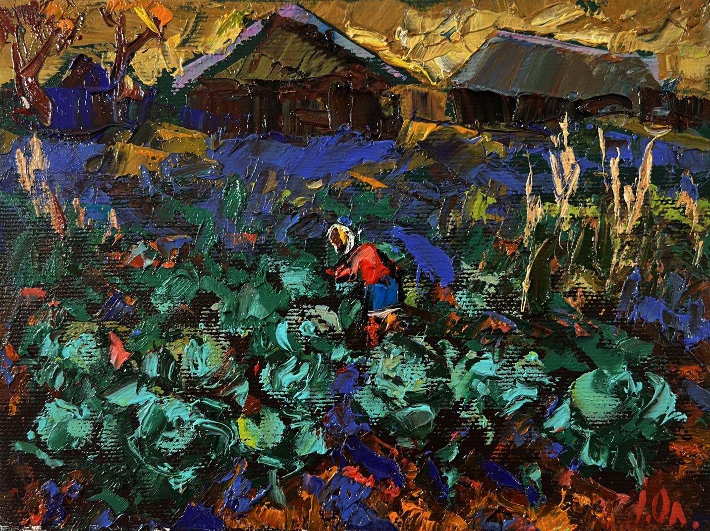 Vibrant impressionist oil painting by Oleksiy Ivanyuk: village evening garden