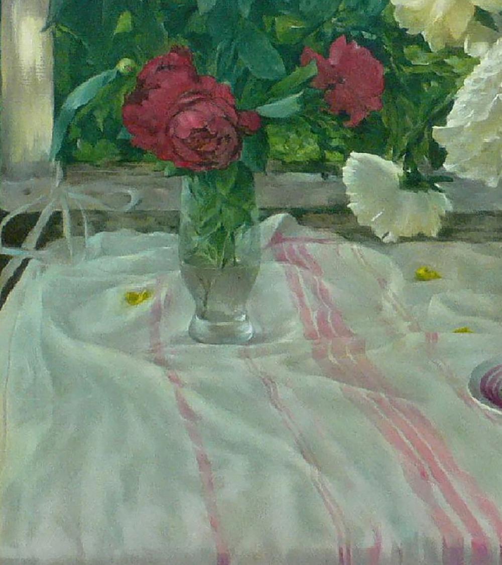 Oil painting of vibrant red and white peonies by Vasily Korkishko